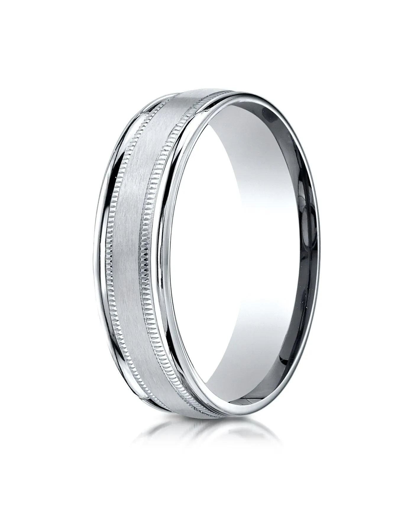 Benchmark 18K White Gold 6mm Comfort-Fit Satin Finish Center with Milgrain Round Edge Carved Design Ring