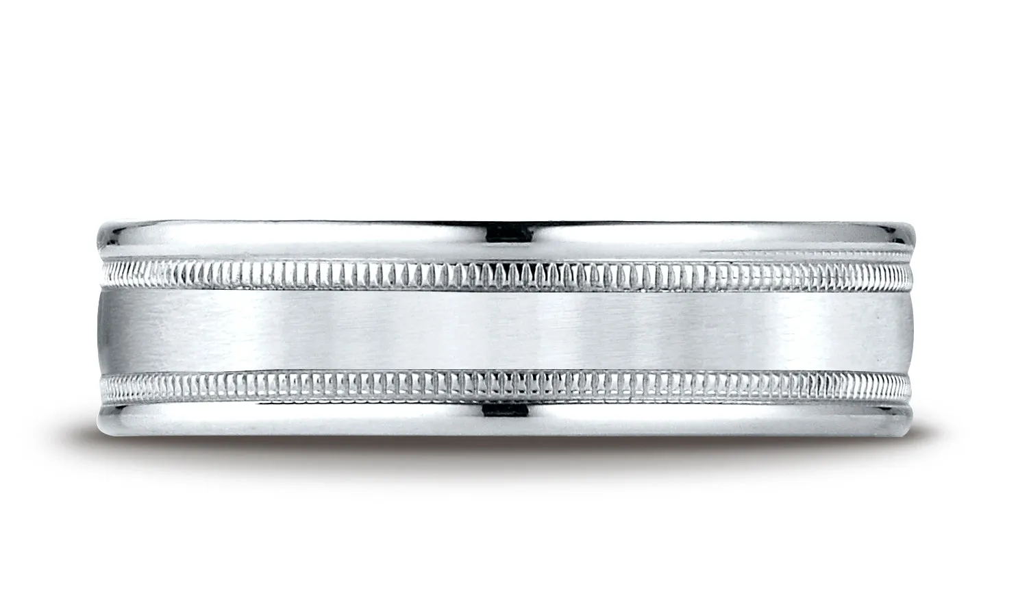 Benchmark 18K White Gold 6mm Comfort-Fit Satin Finish Center with Milgrain Round Edge Carved Design Ring