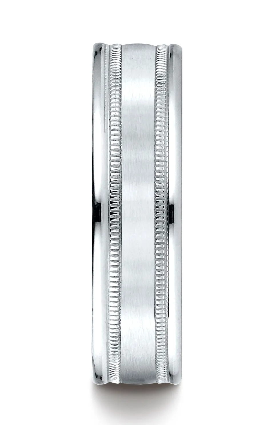 Benchmark 18K White Gold 6mm Comfort-Fit Satin Finish Center with Milgrain Round Edge Carved Design Ring