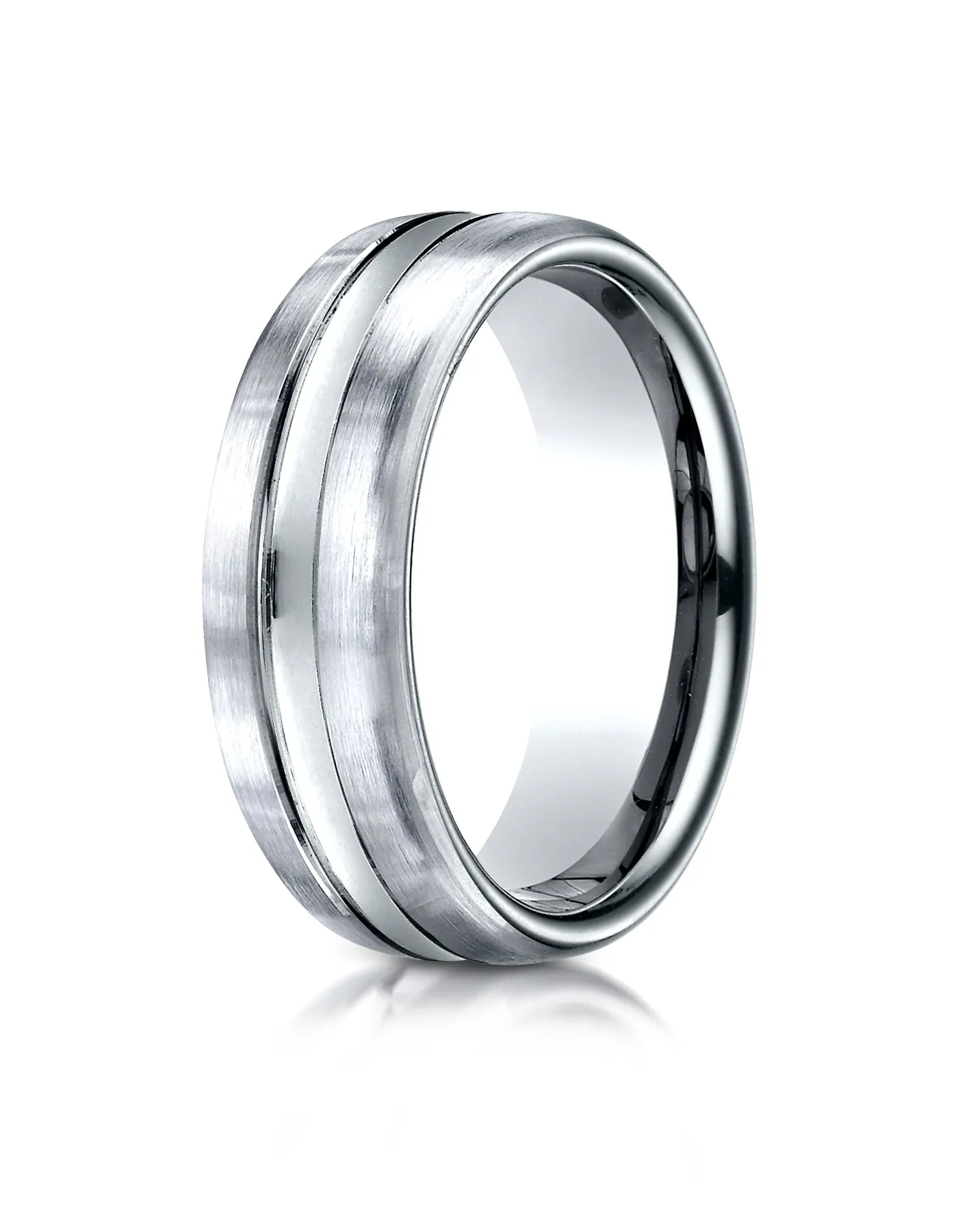 Benchmark 18K White Gold 7.5mm Comfort-Fit Satin-Finished High Polished Center Cut Carved Design Ring