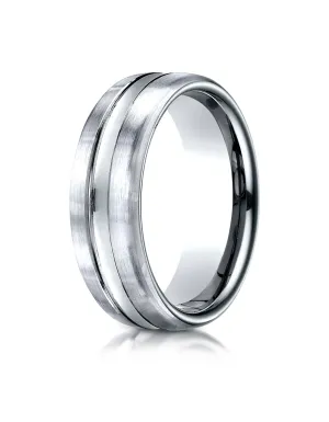 Benchmark 18K White Gold 7.5mm Comfort-Fit Satin-Finished High Polished Center Cut Carved Design Ring