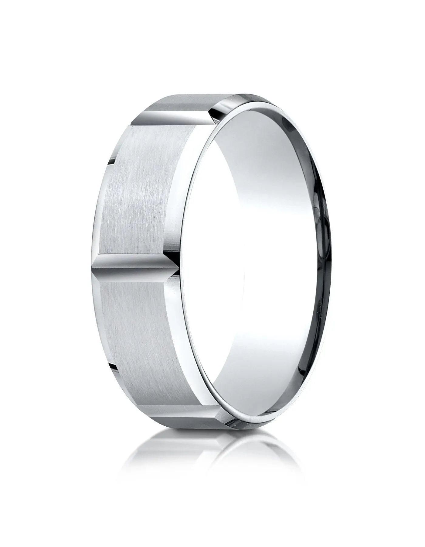Benchmark 18k White Gold 7mm Comfort-Fit Satin-Finished Grooves Carved Design Band, (Sizes 4-15)