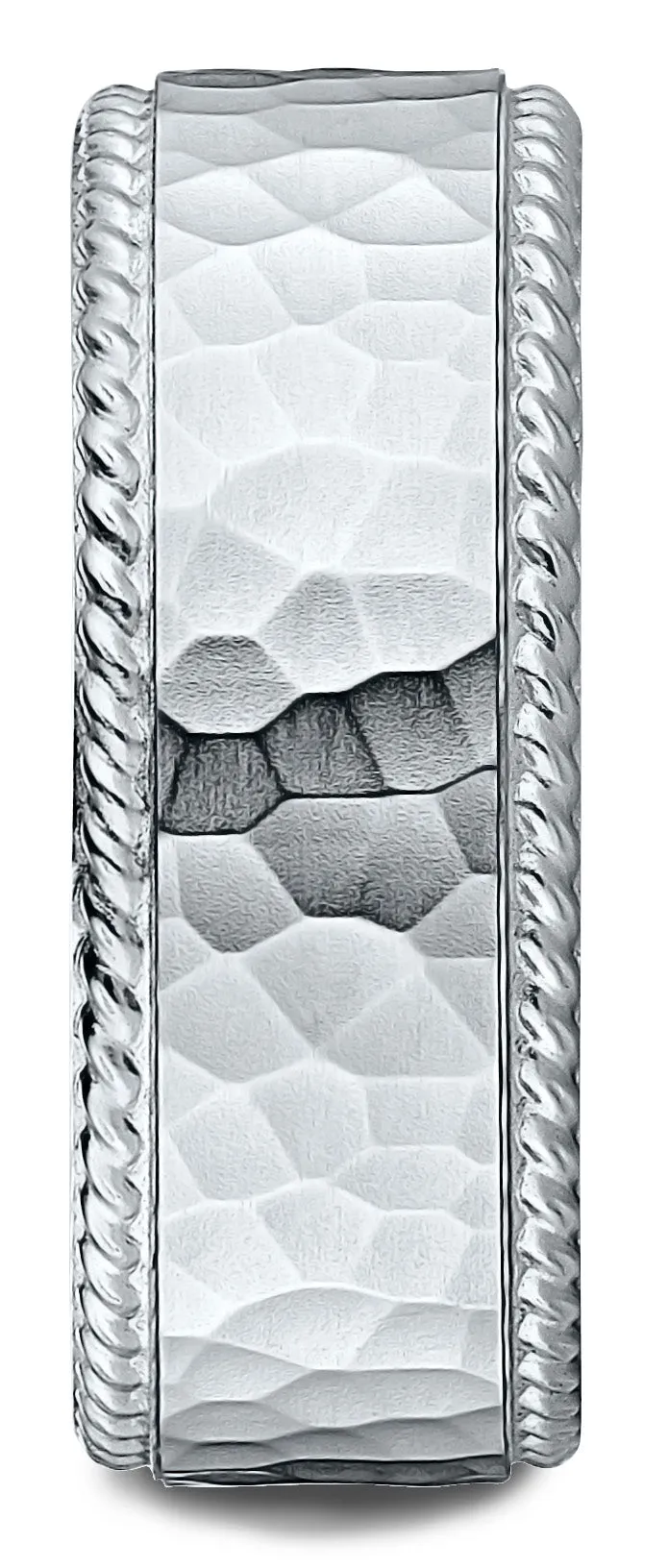 Benchmark 18k White Gold 8mm Comfort-Fit Rope Edge Hammered Finish Design Band, (Sizes 4-15)
