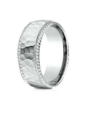 Benchmark 18k White Gold 8mm Comfort-Fit Rope Edge Hammered Finish Design Band, (Sizes 4-15)