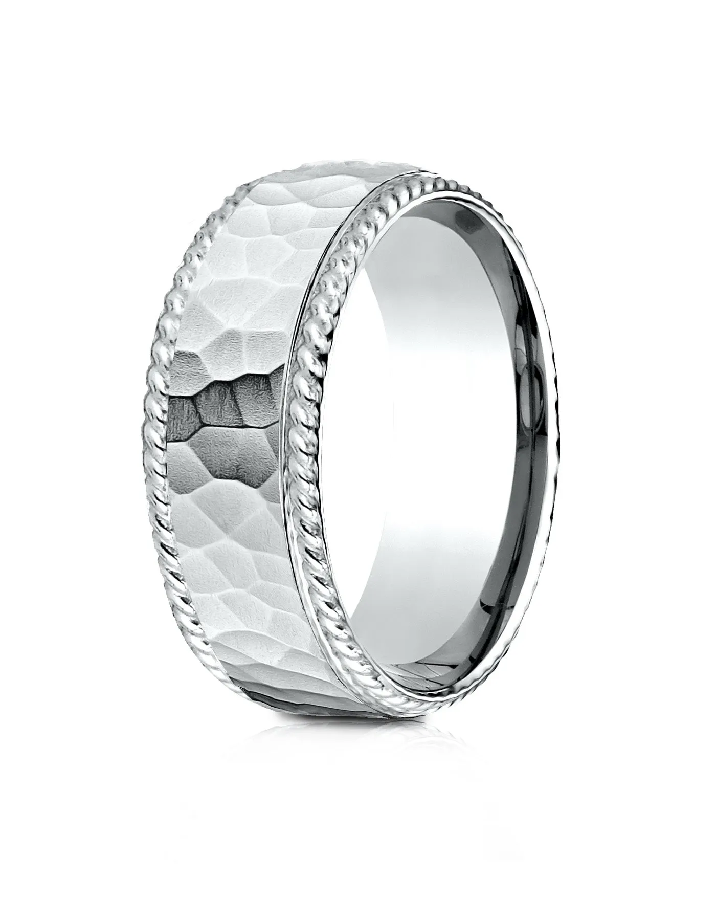 Benchmark 18k White Gold 8mm Comfort-Fit Rope Edge Hammered Finish Design Band, (Sizes 4-15)