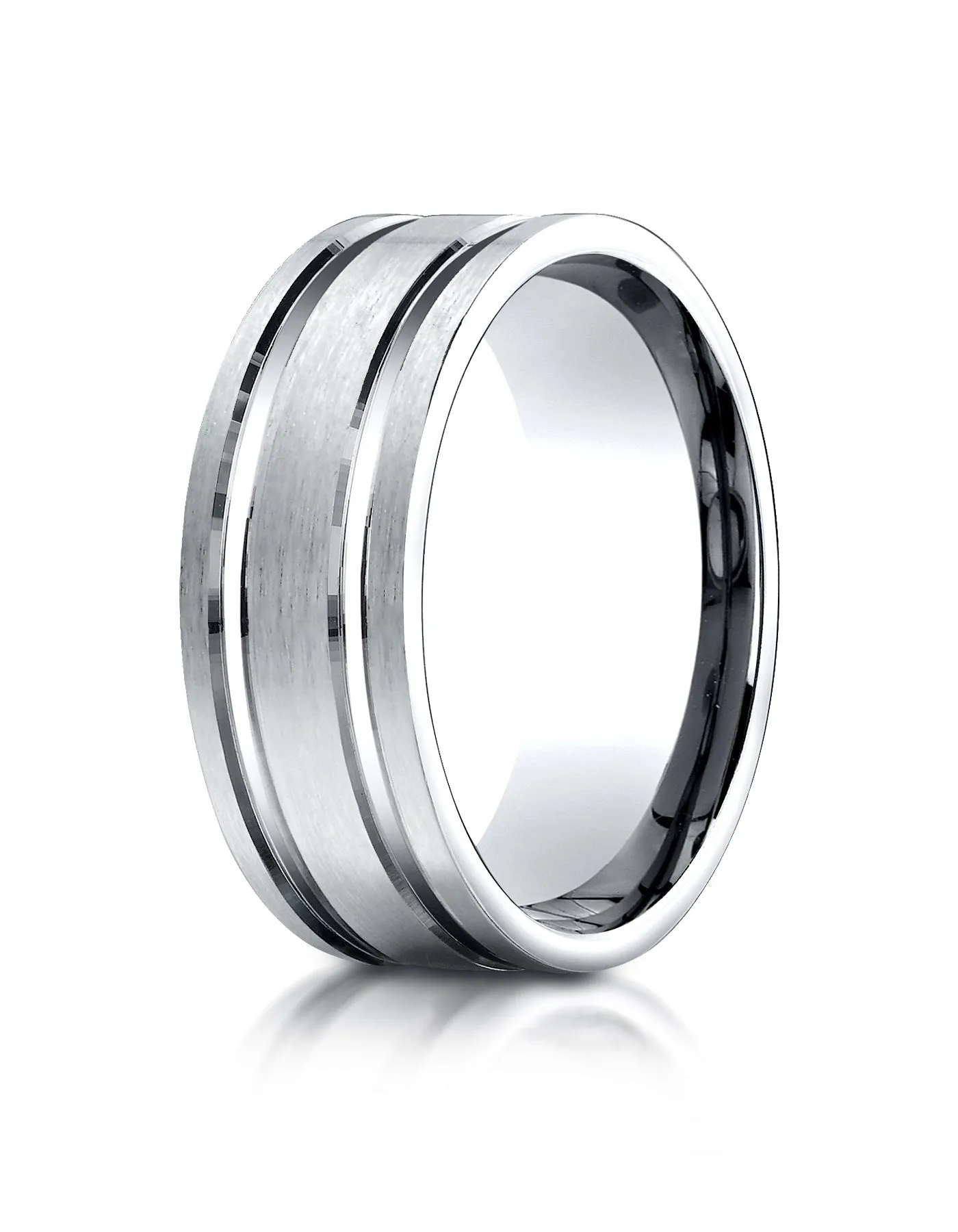 Benchmark 18K White Gold 8mm Comfort-Fit Satin-Finished with Parallel Grooves Carved Design Wedding Band