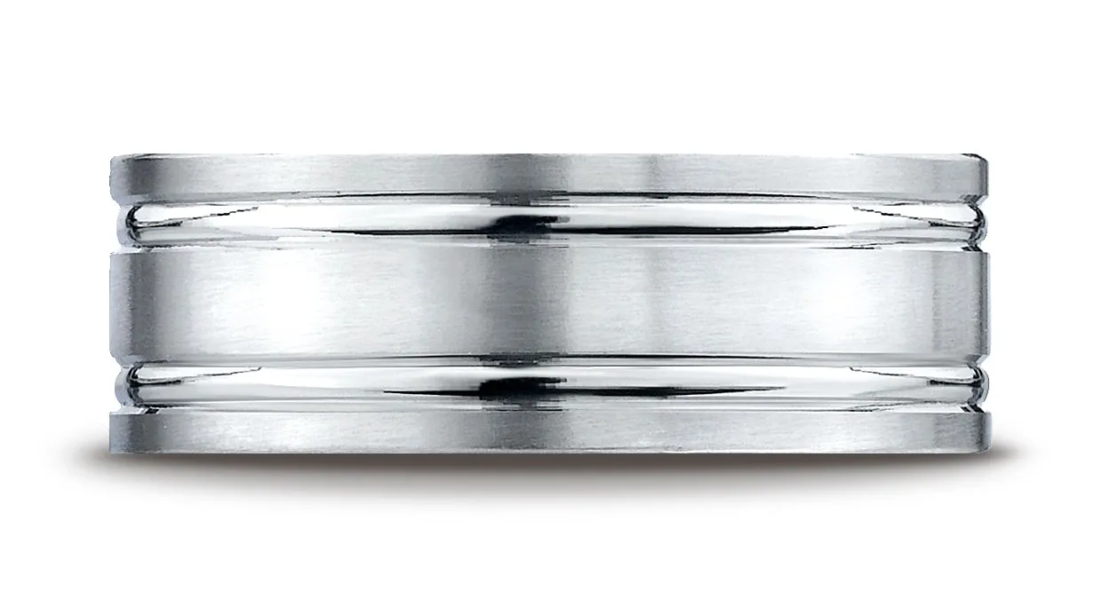 Benchmark 18K White Gold 8mm Comfort-Fit Satin-Finished with Parallel Grooves Carved Design Wedding Band