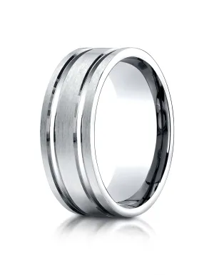 Benchmark 18K White Gold 8mm Comfort-Fit Satin-Finished with Parallel Grooves Carved Design Wedding Band