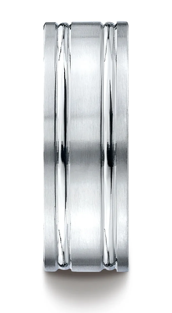 Benchmark 18K White Gold 8mm Comfort-Fit Satin-Finished with Parallel Grooves Carved Design Wedding Band