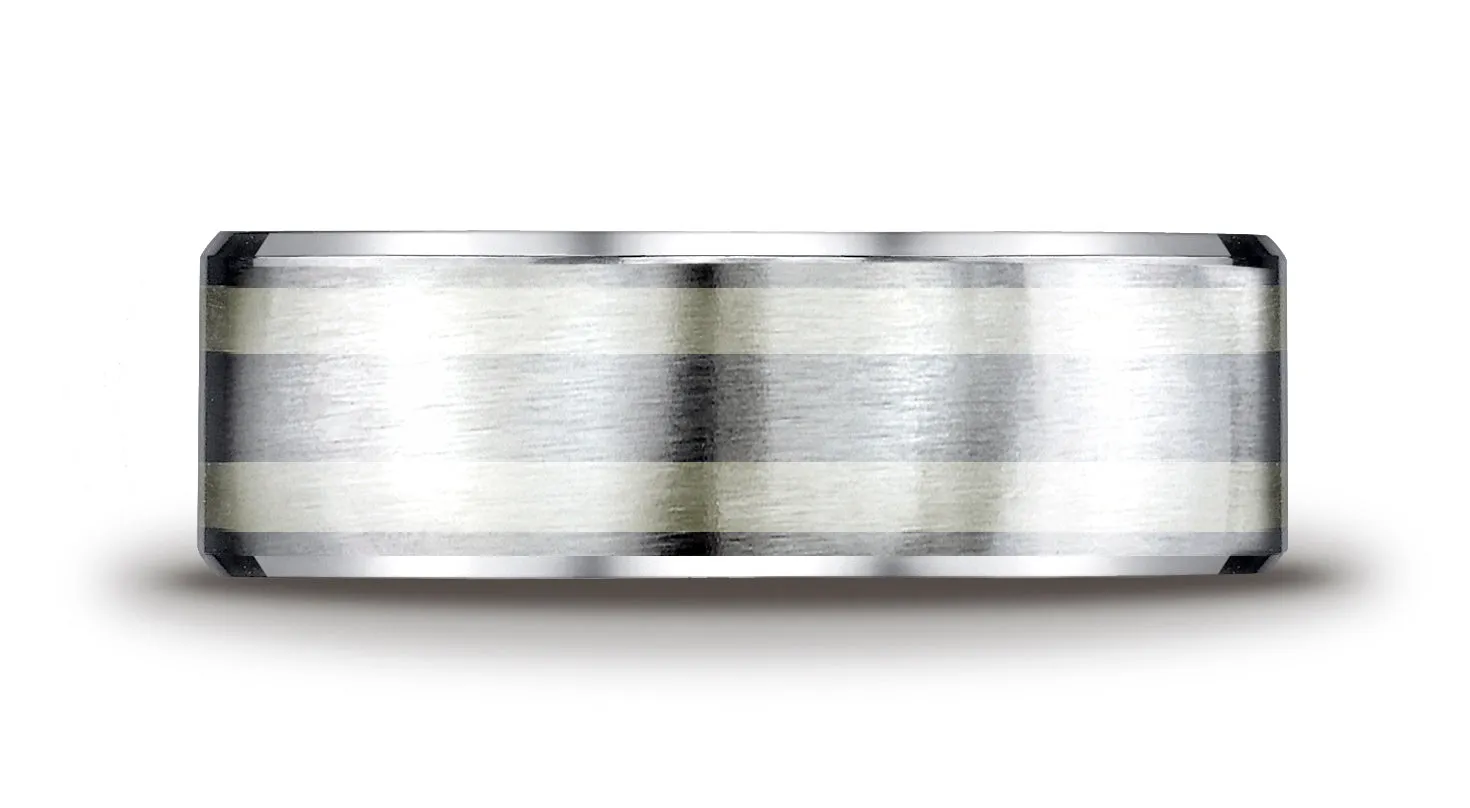 Benchmark Cobaltchrome™ Silver 8mm Comfort-Fit Satin-Finished Parallel Silver Inlay Design Wedding Band