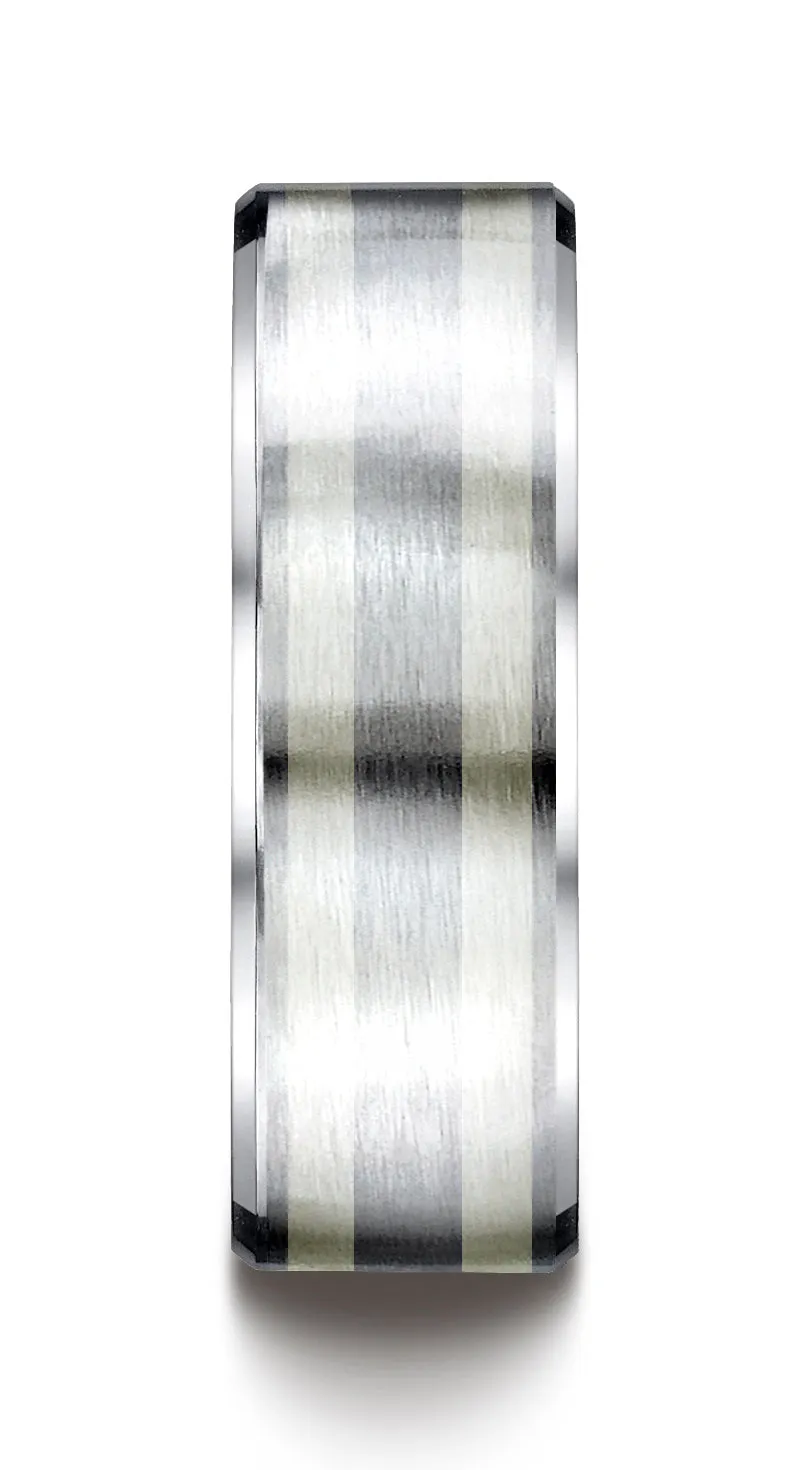 Benchmark Cobaltchrome™ Silver 8mm Comfort-Fit Satin-Finished Parallel Silver Inlay Design Wedding Band