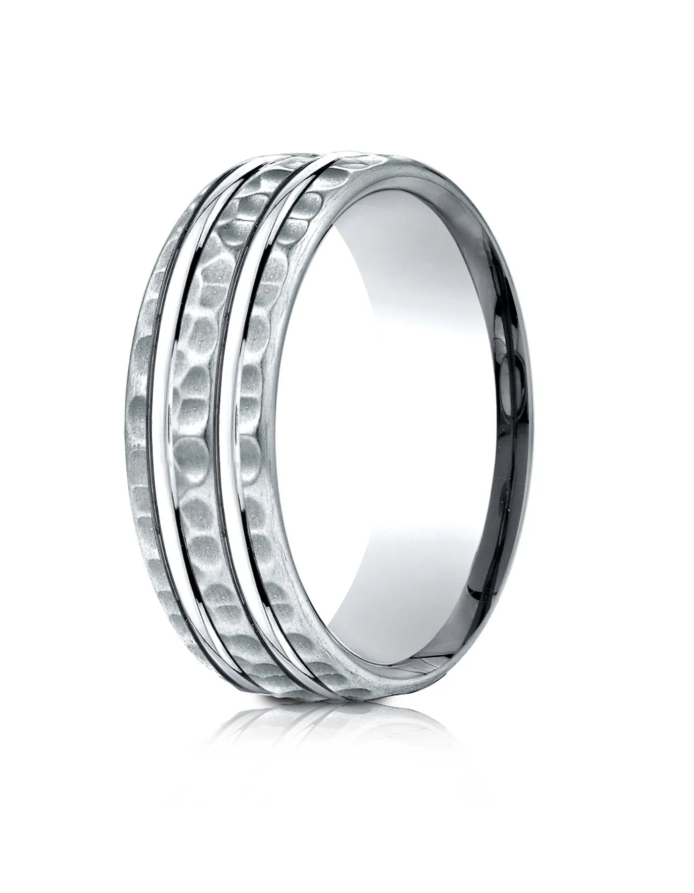 Benchmark Palladium 7.5mm Comfort-Fit Hammered Finish Double High Polish Cut Design Band, (Sizes 4-14)