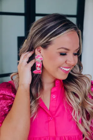 Blushing Cowgirl Boot Beaded Earrings - Pink