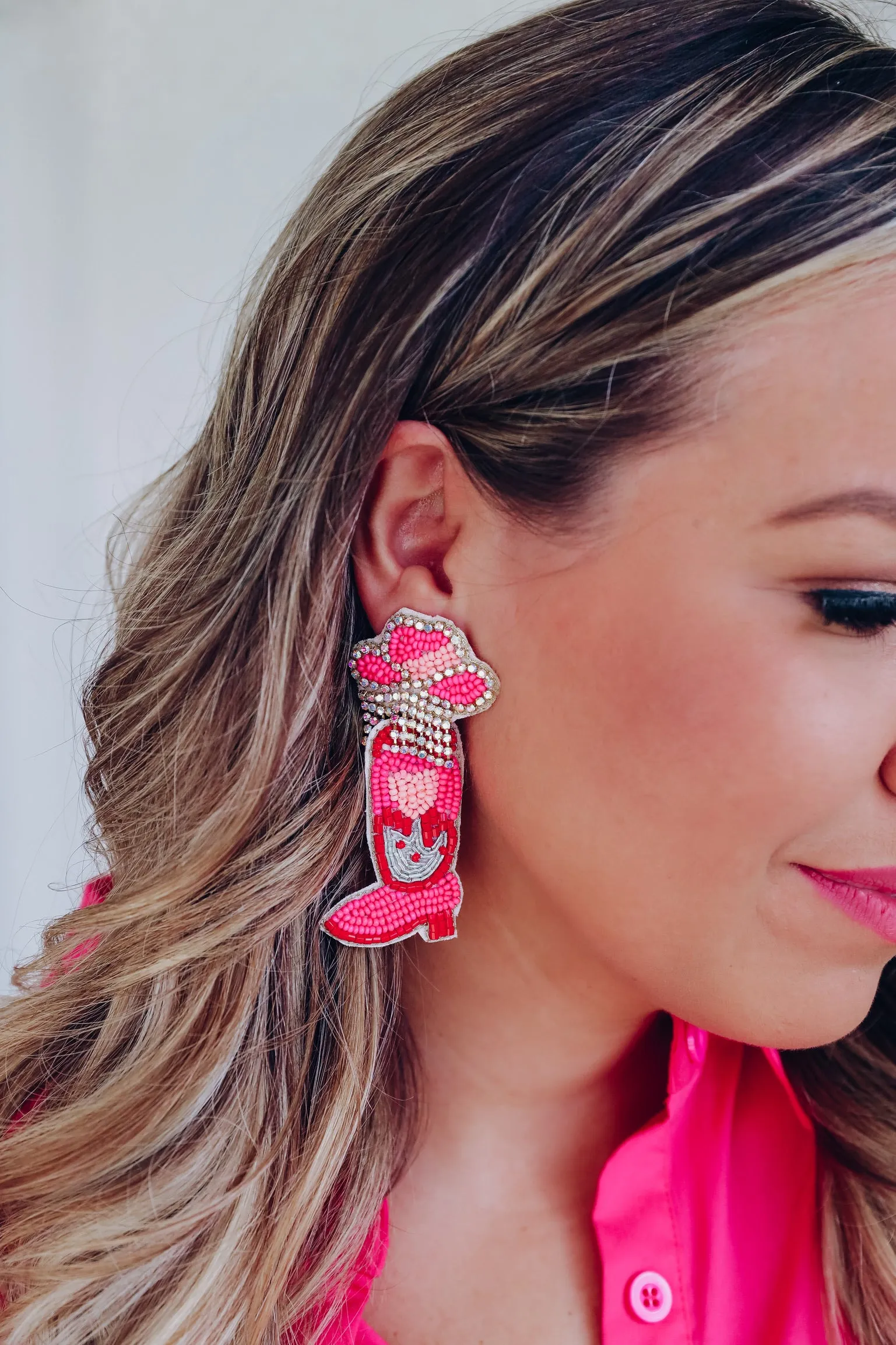 Blushing Cowgirl Boot Beaded Earrings - Pink