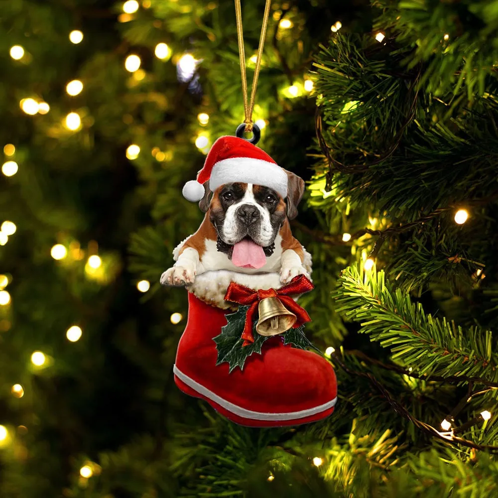 Boxer-In Santa Boot Christmas-Two Sided Ornament