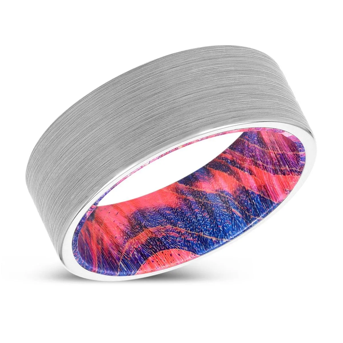 BROGAN | Blue & Red Wood, White Tungsten Ring, Brushed, Flat