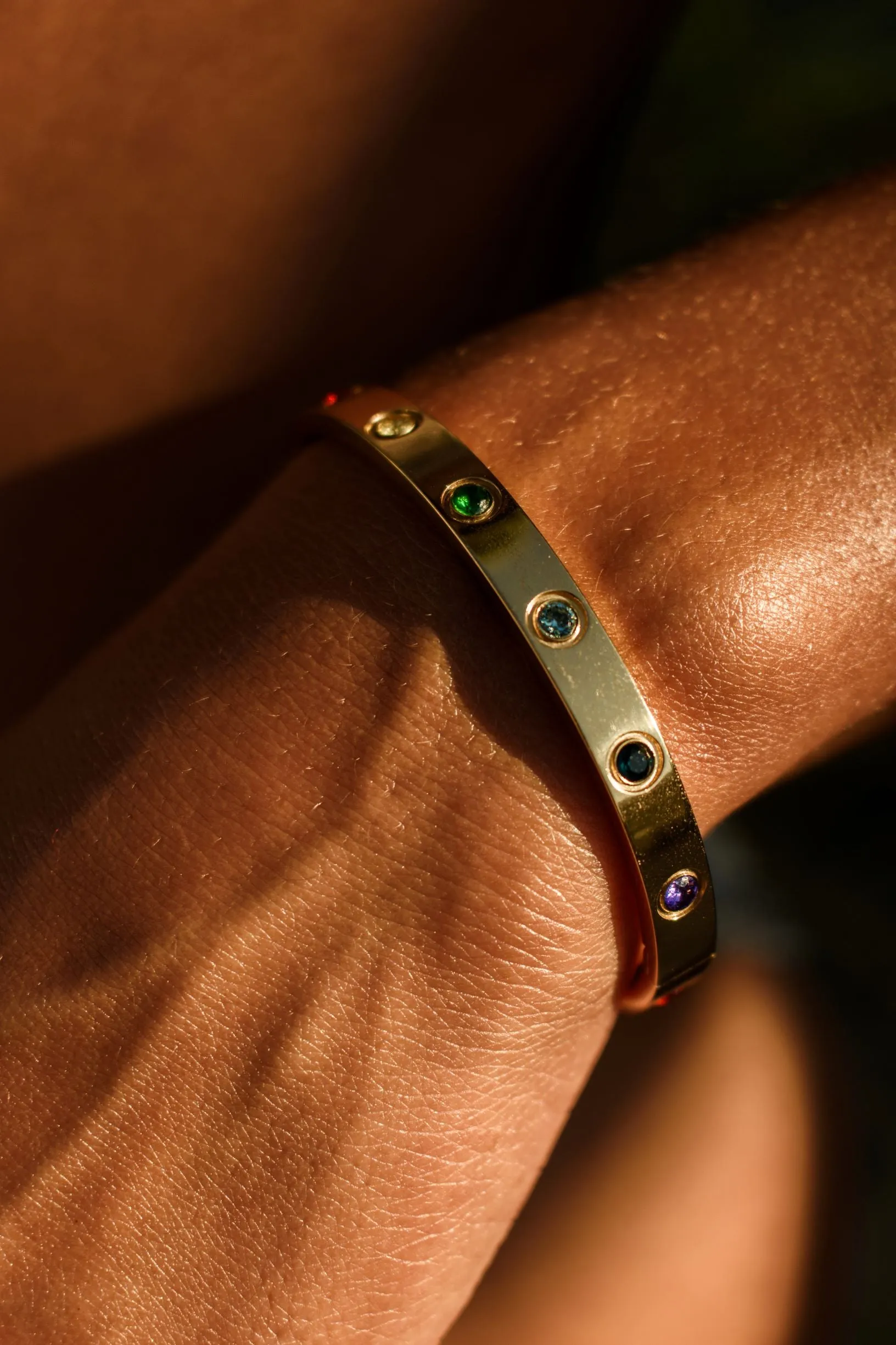 Chakra Healing Stone Bangle, 18k Gold finished Stainless Steel