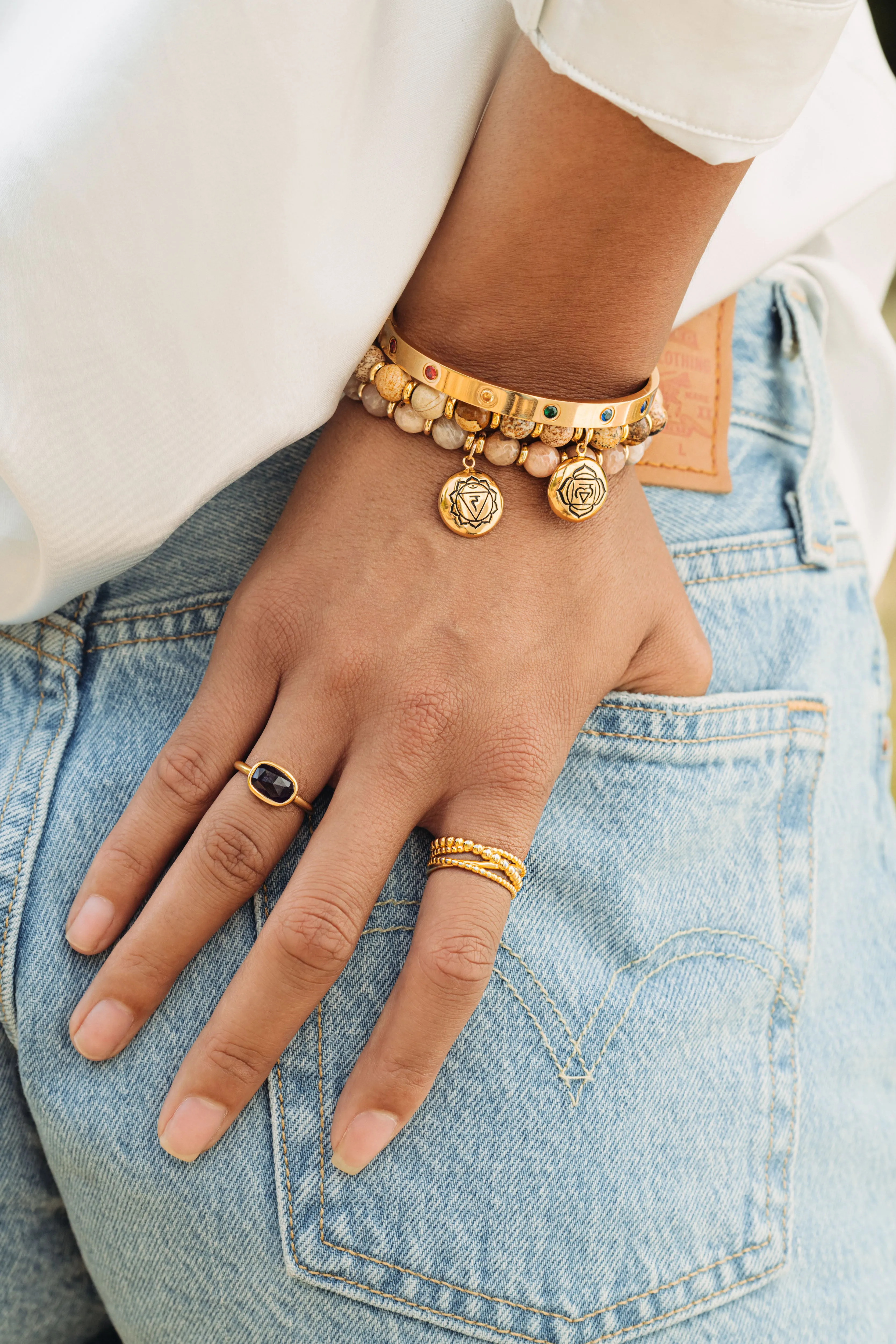 Chakra Healing Stone Bangle, 18k Gold finished Stainless Steel