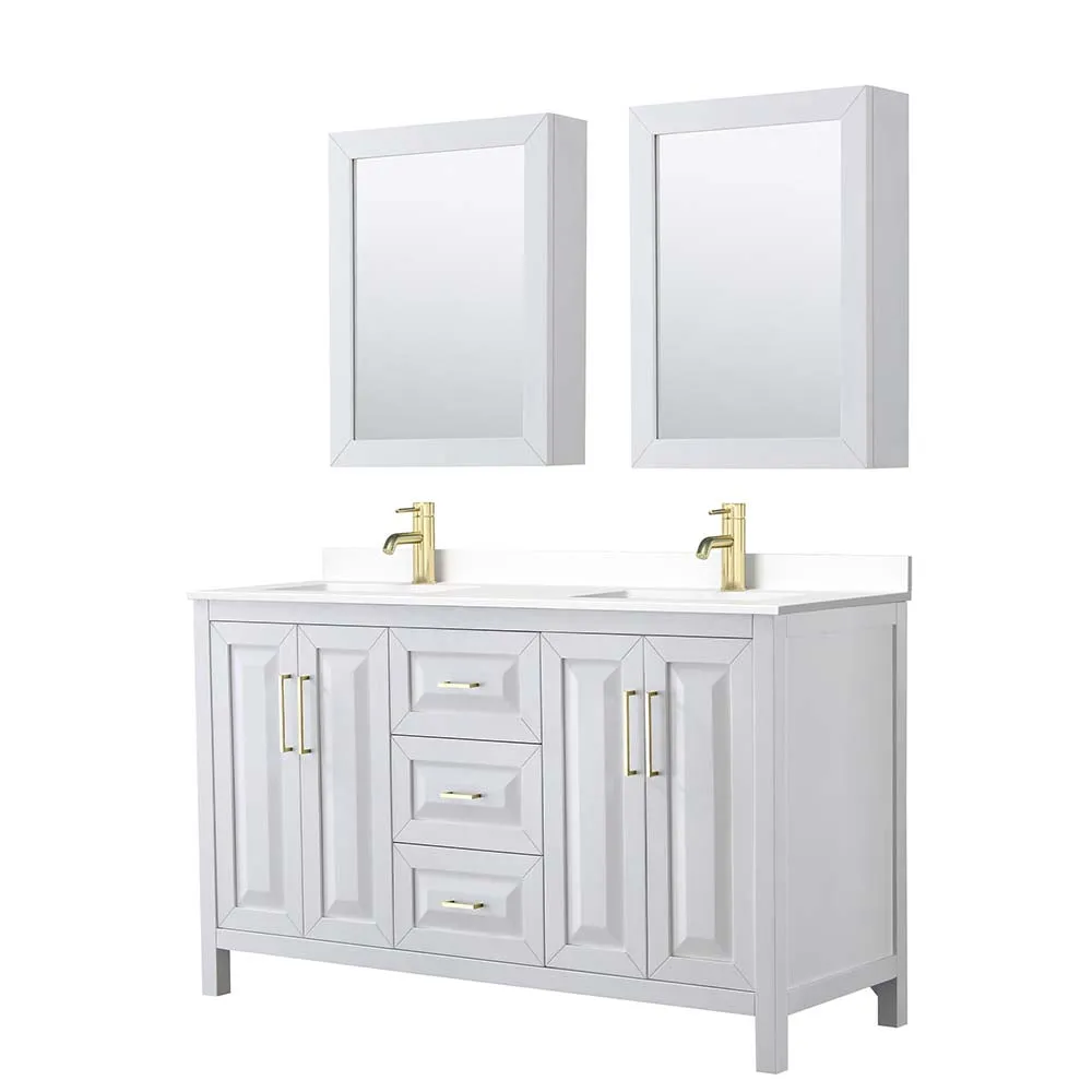 Daria 60 Inch Double Bathroom Vanity in White - Brushed Gold Trim