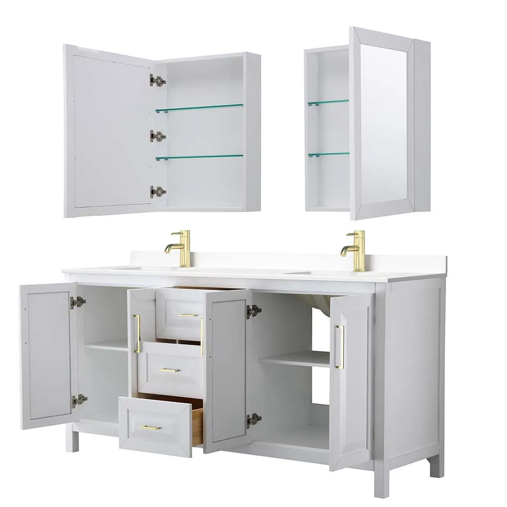 Daria 72 Inch Double Bathroom Vanity in White - Brushed Gold Trim