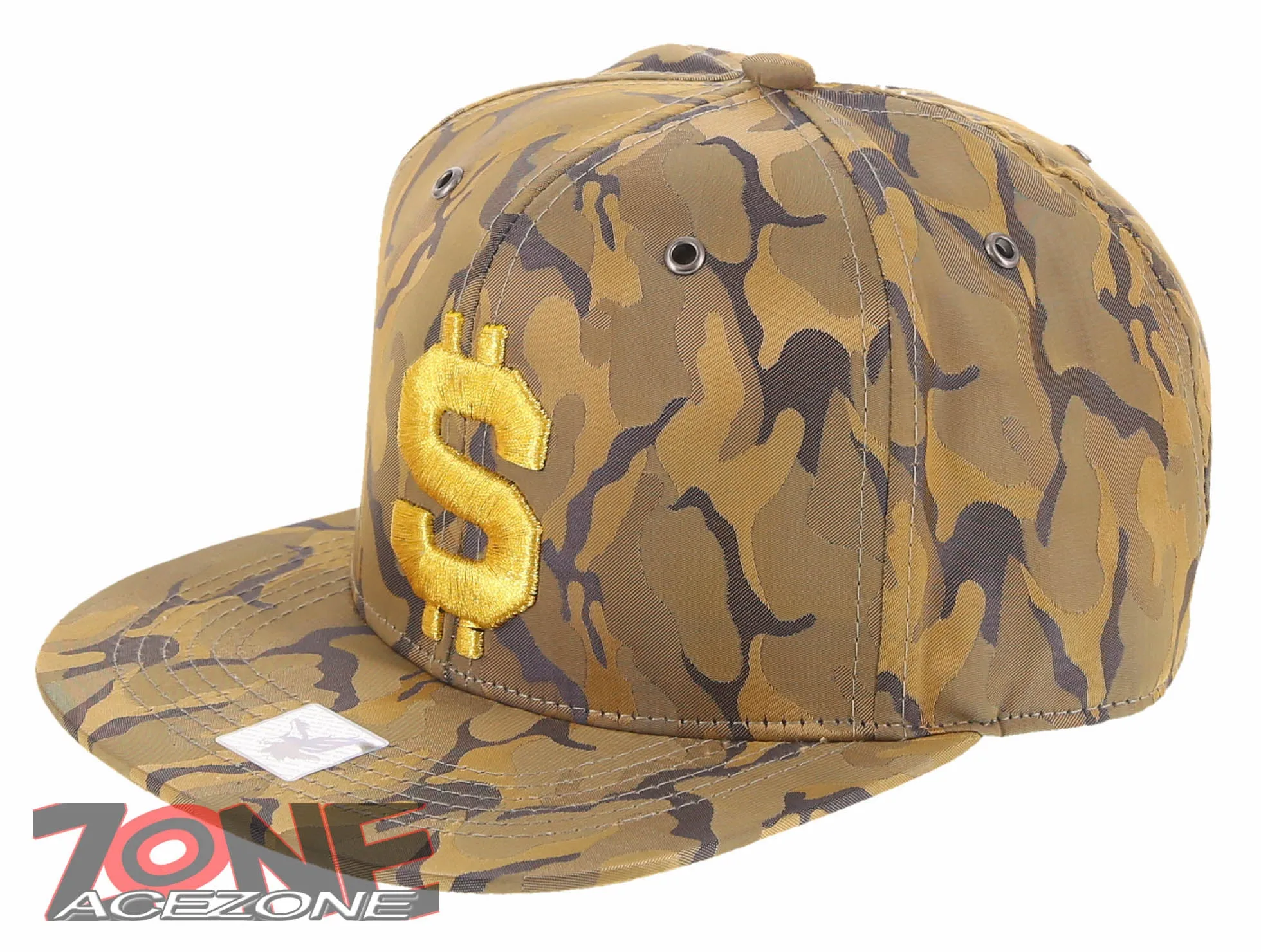 NEW! DOLLAR $ FLAT BILL SNAPBACK BASEBALL CAP HAT CAMOUFLAGE KHAKI