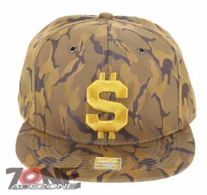 NEW! DOLLAR $ FLAT BILL SNAPBACK BASEBALL CAP HAT CAMOUFLAGE KHAKI