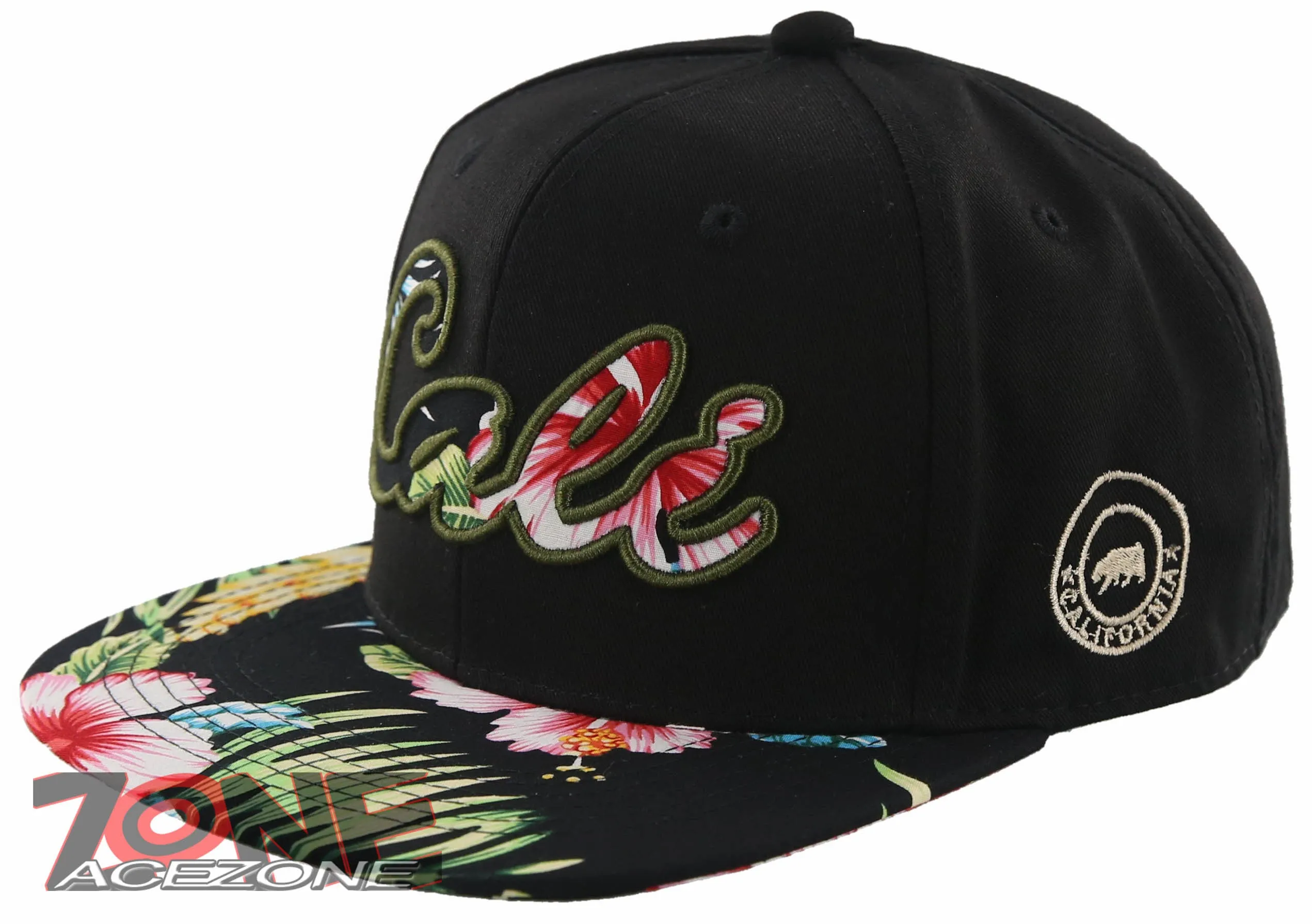NEW! FLAT BILL CALIFORNIA CALI BEAR SNAPBACK CAP HAT FLOWER BLACK