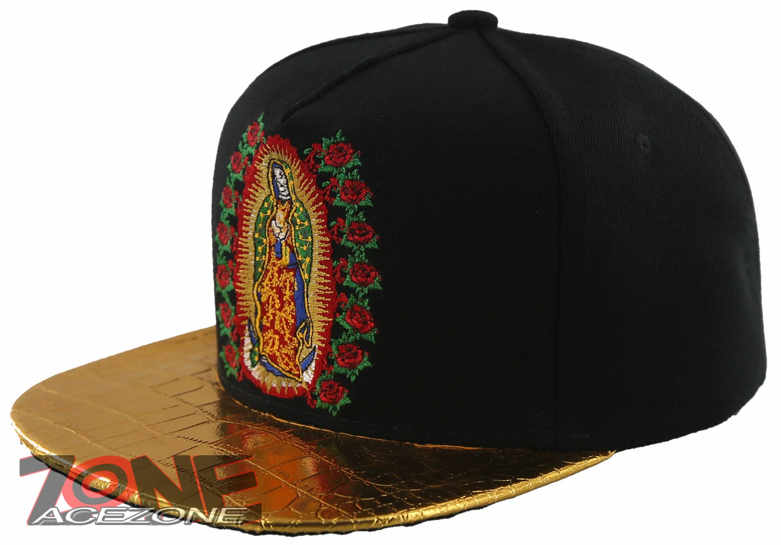 NEW! FLAT BILL MARIA VIRGIN GUADALUPE METALIC GOLD SNAPBACK CAP HAT BLACK