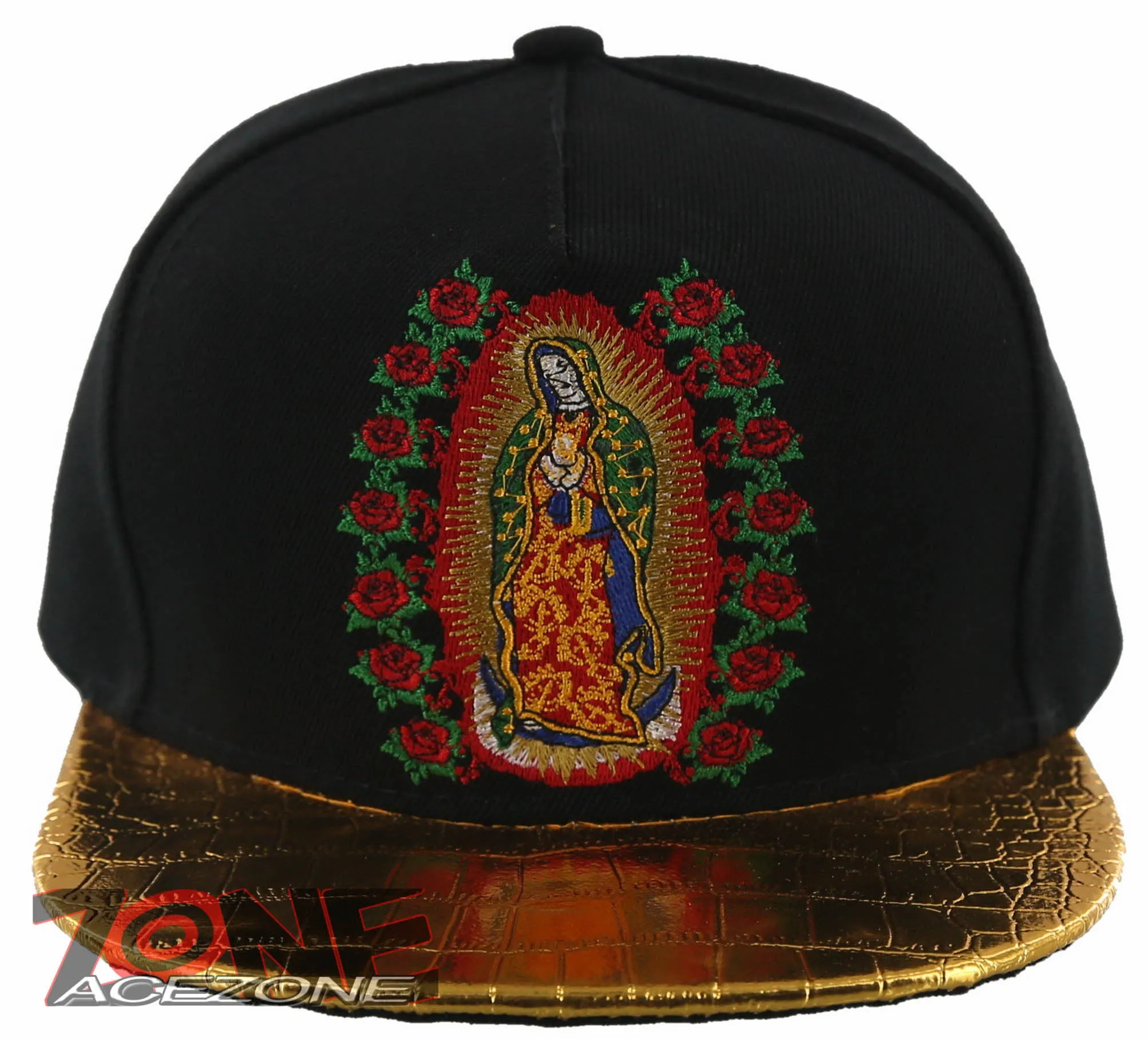 NEW! FLAT BILL MARIA VIRGIN GUADALUPE METALIC GOLD SNAPBACK CAP HAT BLACK