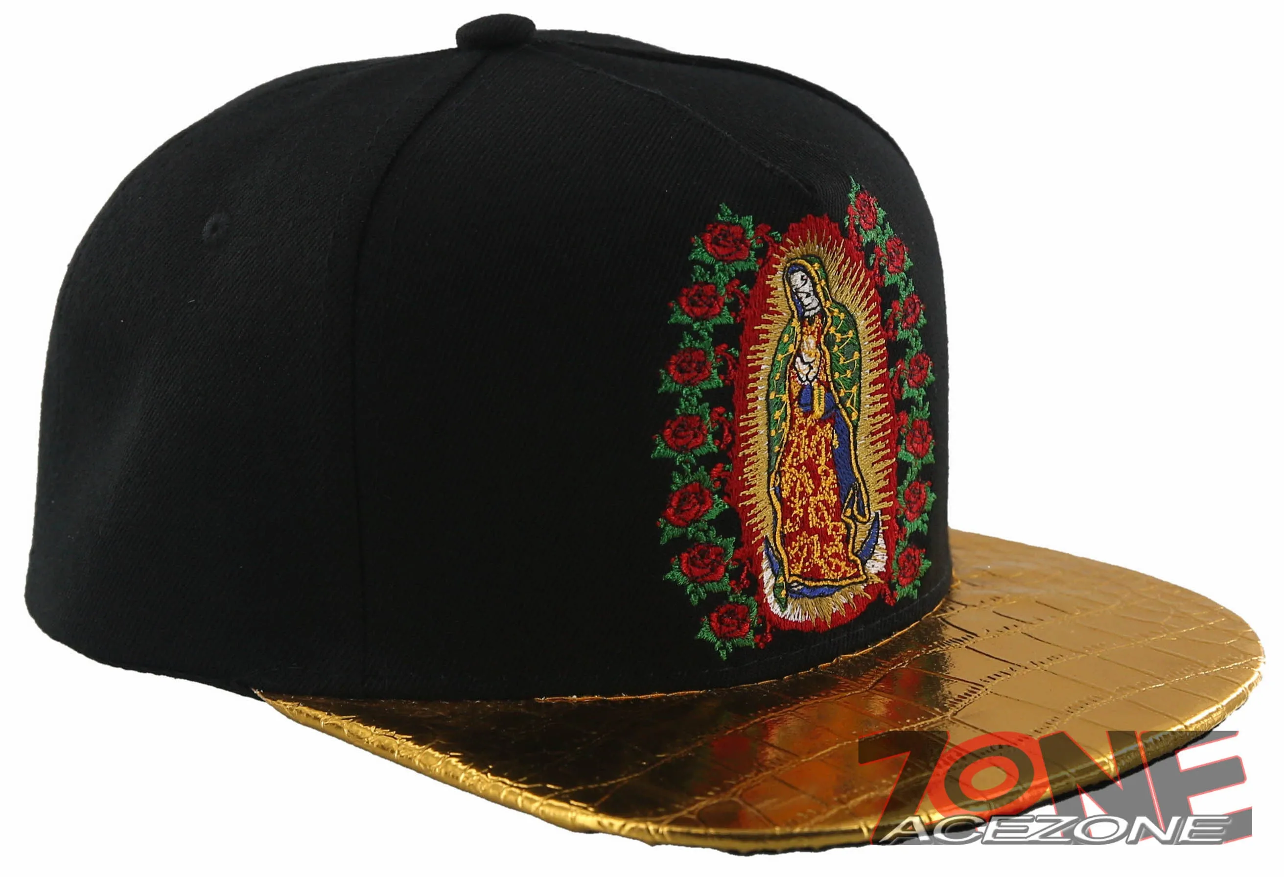 NEW! FLAT BILL MARIA VIRGIN GUADALUPE METALIC GOLD SNAPBACK CAP HAT BLACK