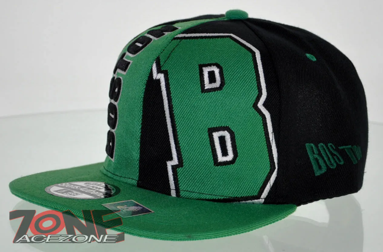 NEW! FLAT BILL SNAPBACK BALL US BOSTON MASSACHUSETTS CAP HAT GREEN BLACK