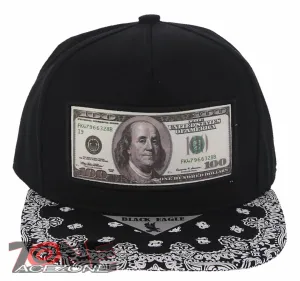 NEW! US DOLLAR BILL FLAT BILL BANDANA SNAPBACK BASEBALL CAP HAT BLACK