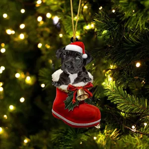 Pitbull (Black)-1-In Santa Boot Christmas-Two Sided Ornament
