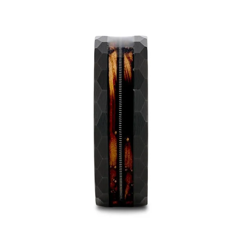 RIFF | Tungsten Ring, Whiskey Barrel, Guitar String Inlay, Hammered Flat Edges