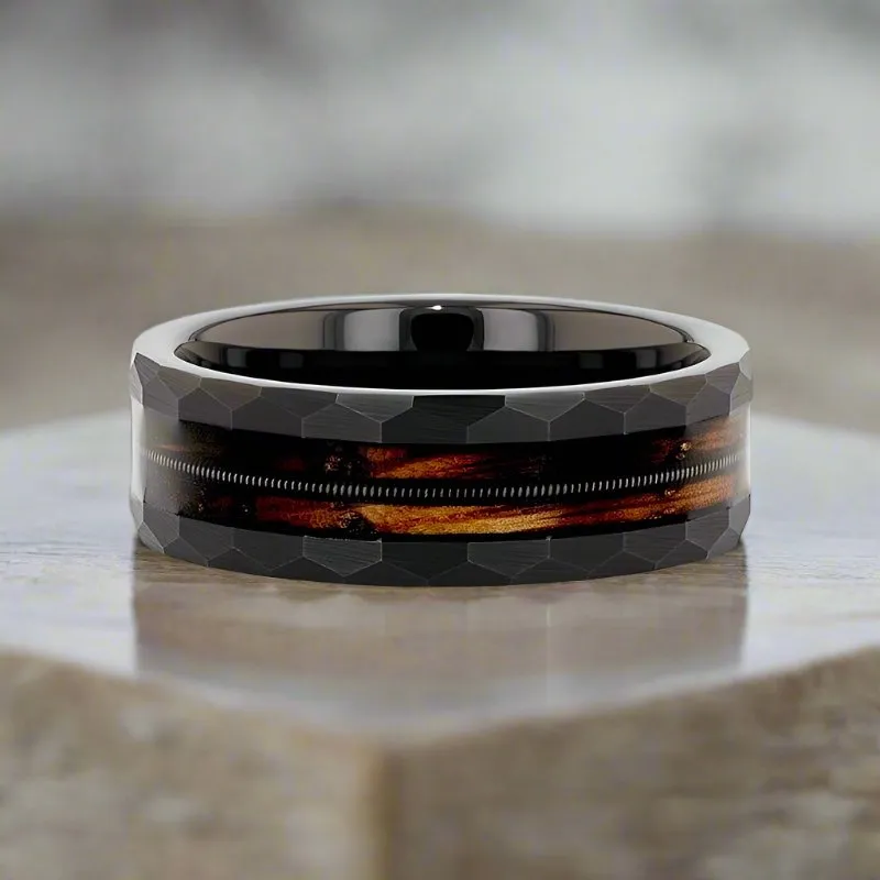 RIFF | Tungsten Ring, Whiskey Barrel, Guitar String Inlay, Hammered Flat Edges