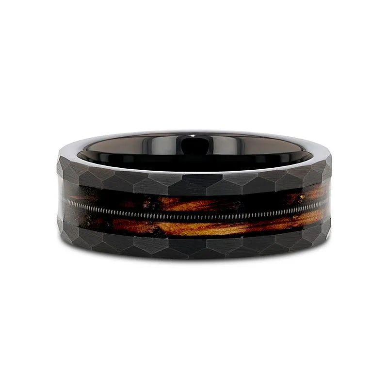 RIFF | Tungsten Ring, Whiskey Barrel, Guitar String Inlay, Hammered Flat Edges