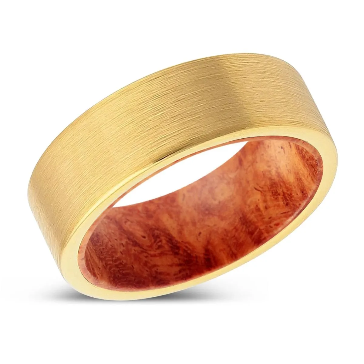 SKRIX | Red Burl Wood, Gold Tungsten Ring, Brushed, Flat