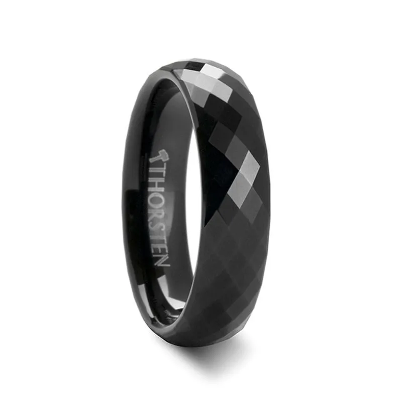 Thorsten AEON Black Tungsten Wedding Band with Diamond Facets - 4 6 or 8mm