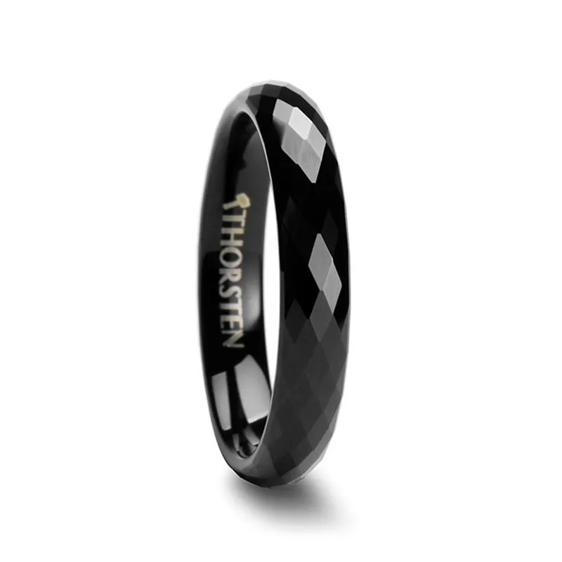Thorsten AEON Black Tungsten Wedding Band with Diamond Facets - 4 6 or 8mm