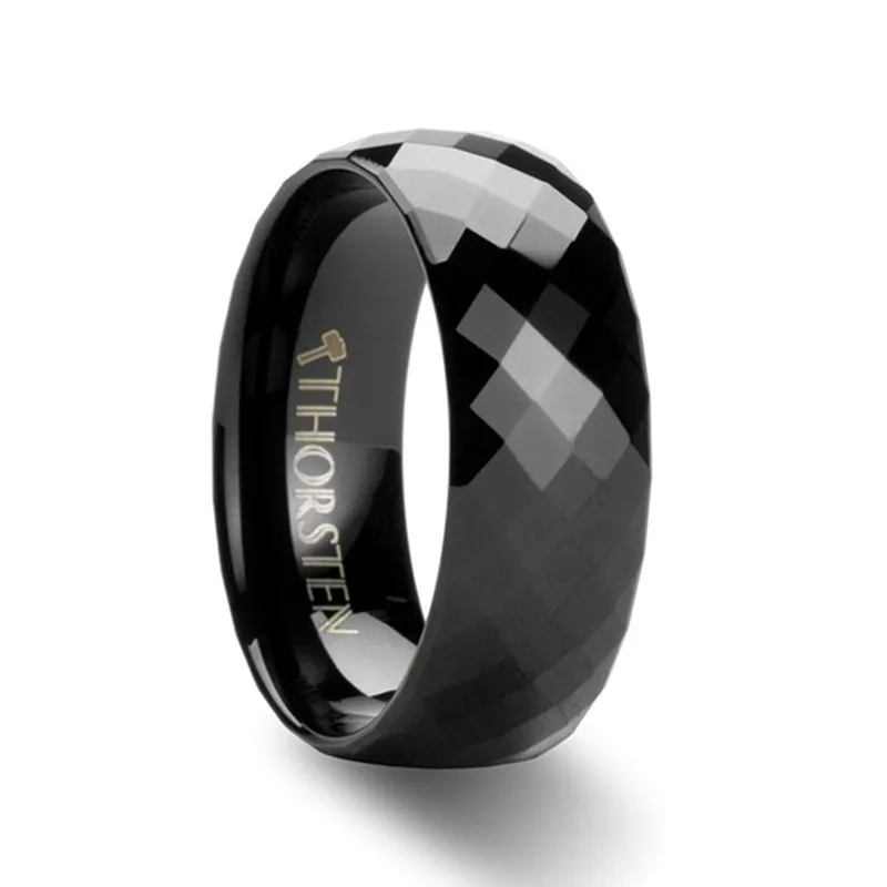 Thorsten AEON Black Tungsten Wedding Band with Diamond Facets - 4 6 or 8mm