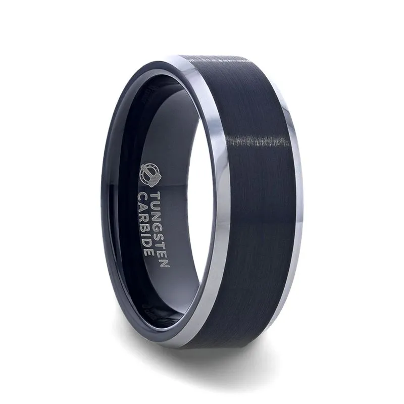 Thorsten ASTON Black Brushed Center Tungsten Ring with Polished Beveled Edges - 4mm - 10mm