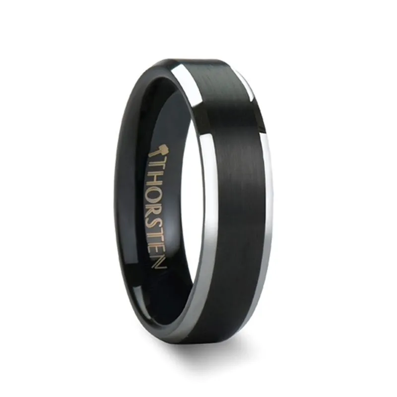 Thorsten ASTON Black Brushed Center Tungsten Ring with Polished Beveled Edges - 4mm - 10mm
