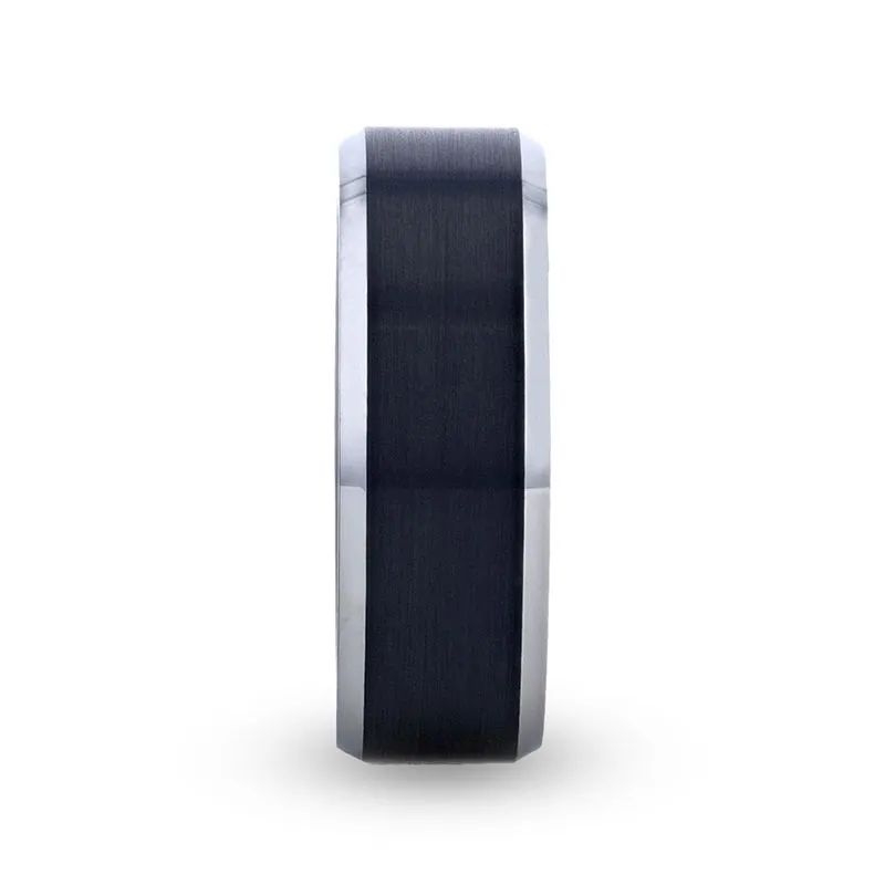 Thorsten ASTON Black Brushed Center Tungsten Ring with Polished Beveled Edges - 4mm - 10mm