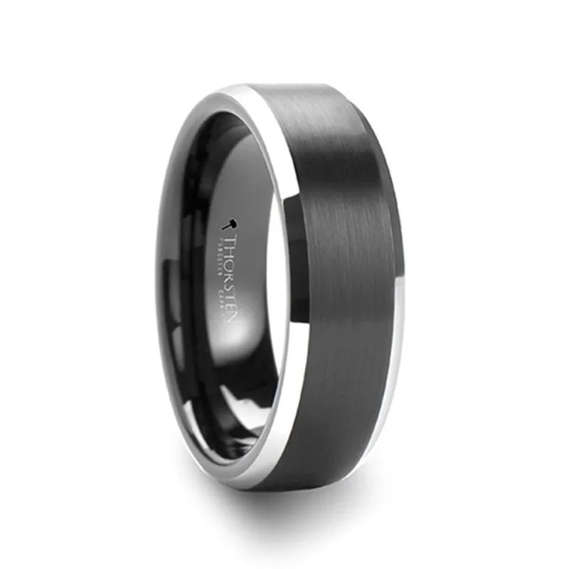 Thorsten ASTON Black Brushed Center Tungsten Ring with Polished Beveled Edges - 4mm - 10mm