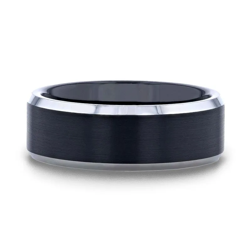 Thorsten ASTON Black Brushed Center Tungsten Ring with Polished Beveled Edges - 4mm - 10mm
