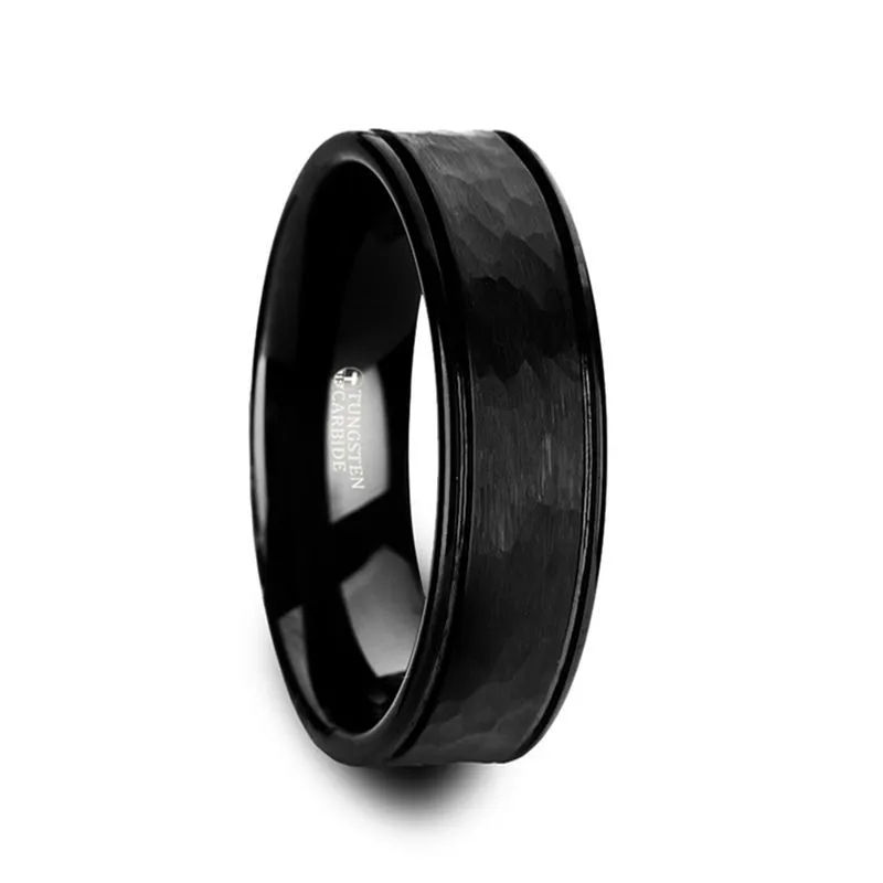 Thorsten JOINER Hammered Finish Center Black Tungsten Carbide Wedding Band with Dual Offset Grooves and Polished Edges - 6mm or 8mm