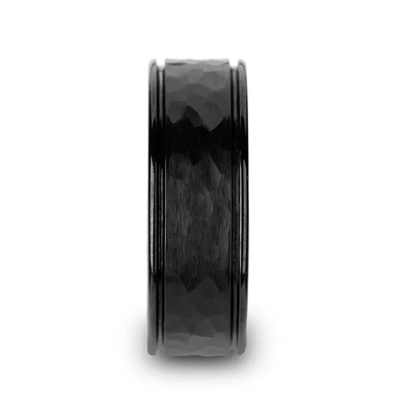 Thorsten JOINER Hammered Finish Center Black Tungsten Carbide Wedding Band with Dual Offset Grooves and Polished Edges - 6mm or 8mm