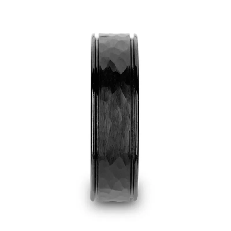 Thorsten JOINER Hammered Finish Center Black Tungsten Carbide Wedding Band with Dual Offset Grooves and Polished Edges - 6mm or 8mm