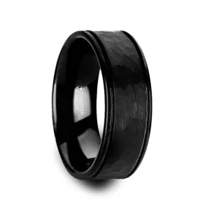 Thorsten JOINER Hammered Finish Center Black Tungsten Carbide Wedding Band with Dual Offset Grooves and Polished Edges - 6mm or 8mm