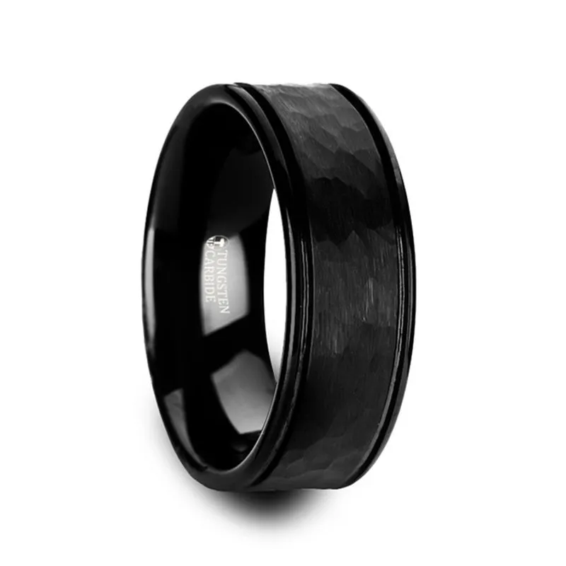 Thorsten JOINER Hammered Finish Center Black Tungsten Carbide Wedding Band with Dual Offset Grooves and Polished Edges - 6mm or 8mm